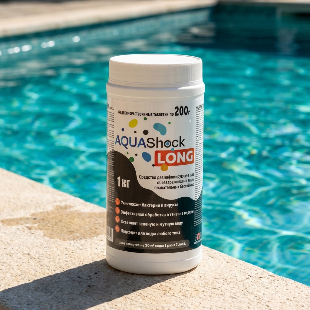 Средство для бассейнов AQUAShock LONG, таблетки 200г., ведро 1кг