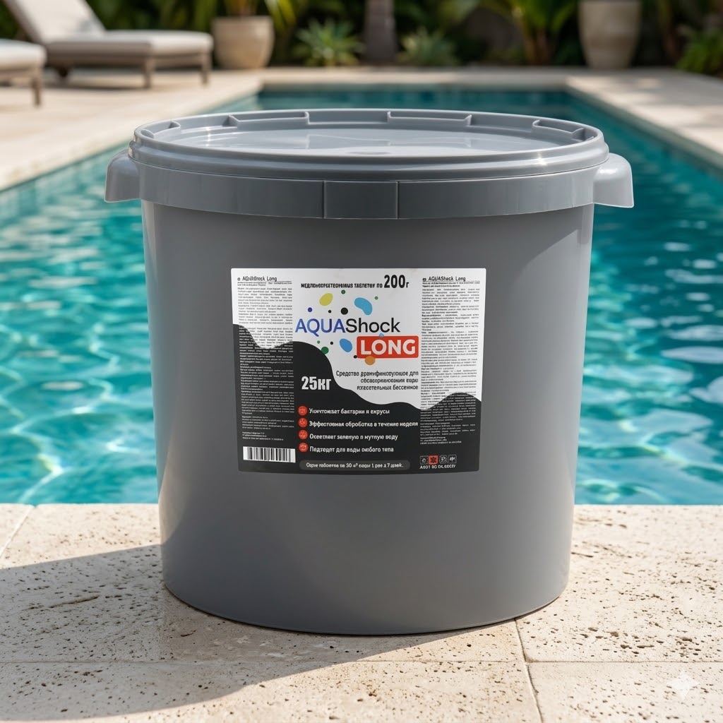 Средство для бассейнов AQUAShock LONG, таблетки 200г., ведро 25кг