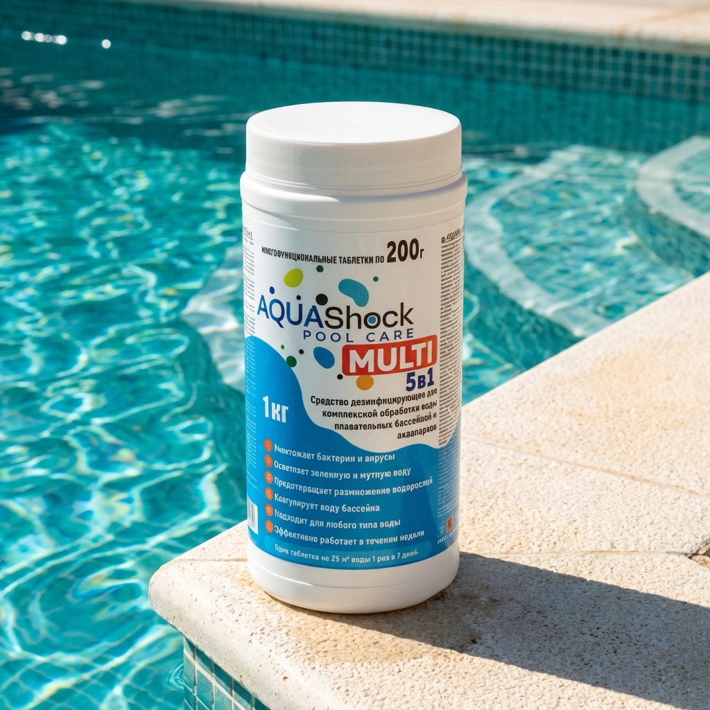 Средство для бассейнов AQUAShock MULTI 5в1, таблетки 200г., банка 1кг